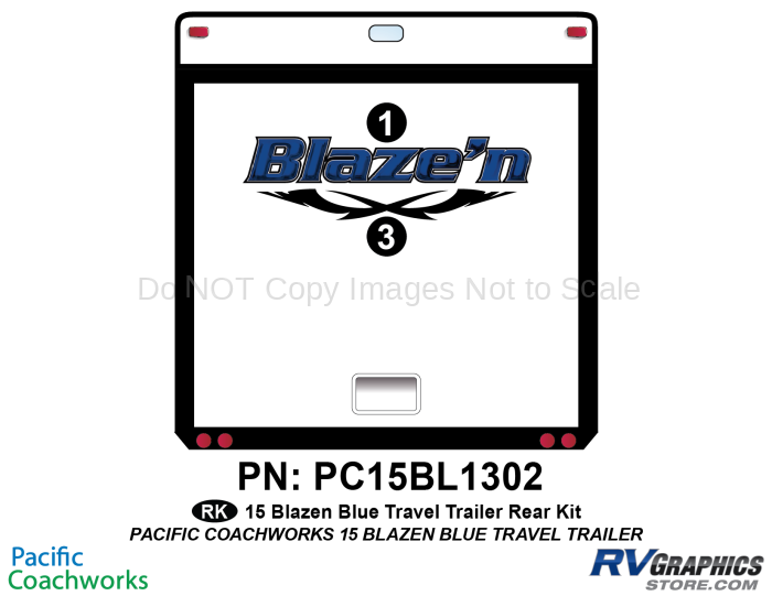 2 Piece 2015 Blaze'n Blue Travel Trailer Rear Graphics Kit