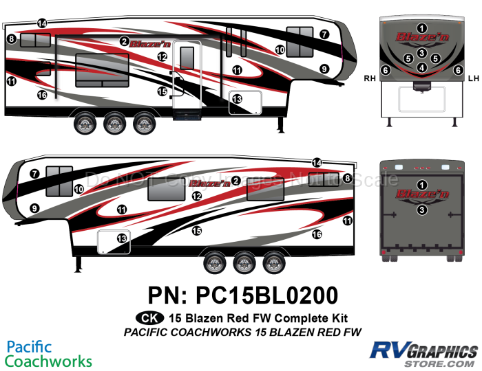 33 Piece 2015 Blaze'n Red Fifth Wheel Complete Graphics Kit