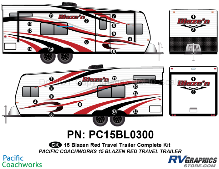 28 Piece 2015 Blaze'n Red Travel Trailer Complete Graphics Kit
