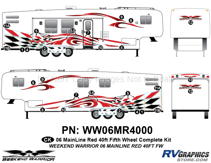 27 piece 2006 Warrior Mainline Red 40' FW Complete Graphics Kit