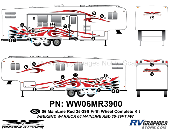23 piece 2006 Warrior Mainline Red 35-39' FW Complete Graphics Kit