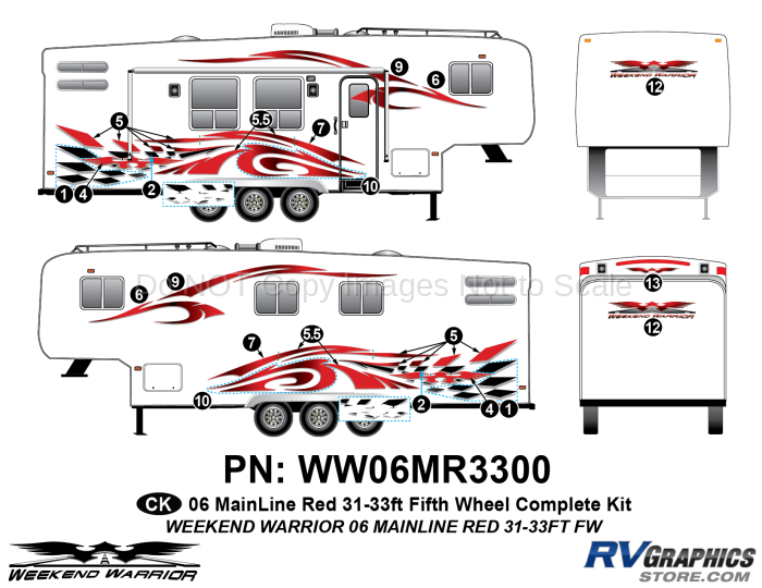 19 piece 2006 Warrior Mainline Red 31-33' FW  Complete Graphics Kit