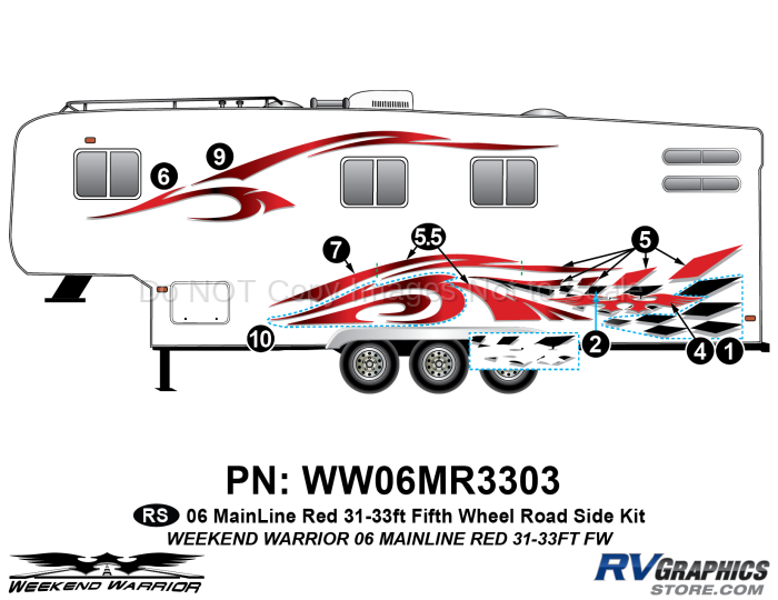 8 piece 2006 Warrior Mainline Red 31-33' FW Roadside Graphics Kit