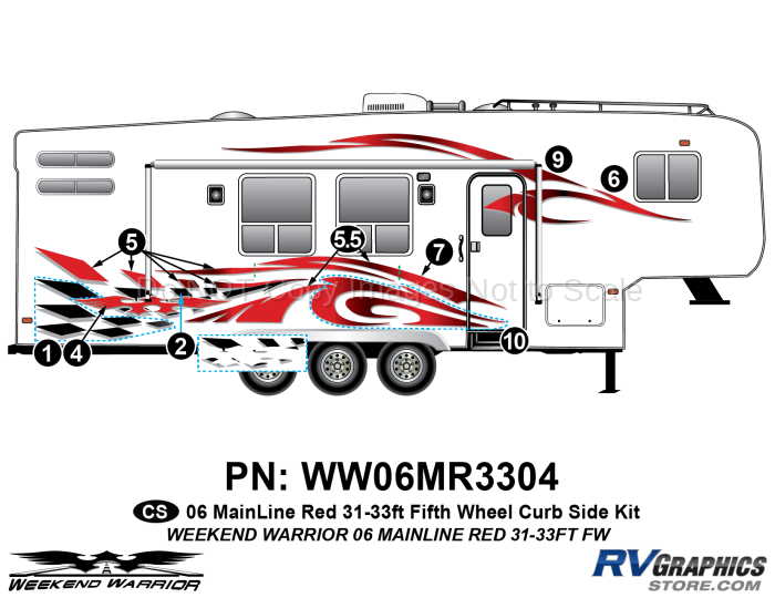 8 piece 2006 Warrior Mainline Red 31-33' FW Curbside Graphics Kit
