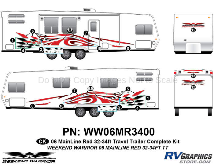 19 piece 2006 Warrior Mainline 32-34' TT Red Complete Graphics Kit
