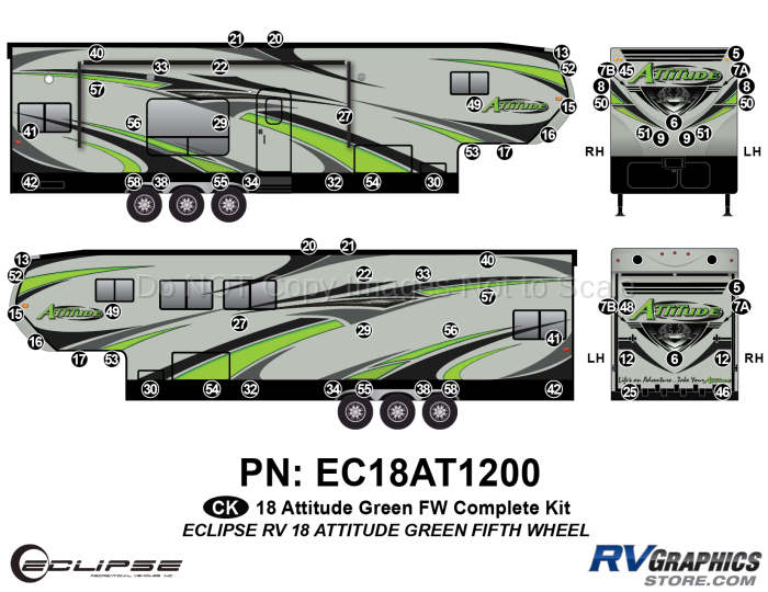 72 Piece 2018 Attitude Fifth Wheel Green Complete Graphics Kit
