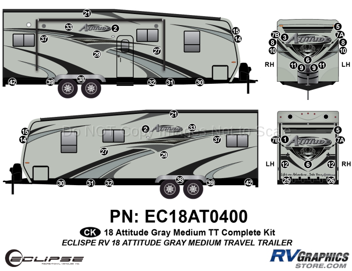 52 Piece 2018 Attitude Med Travel Trailer Gray Complete Graphics Kit