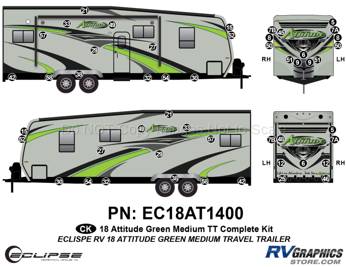52 Piece 2018 Attitude Med Travel Trailer Green Complete Graphics Kit