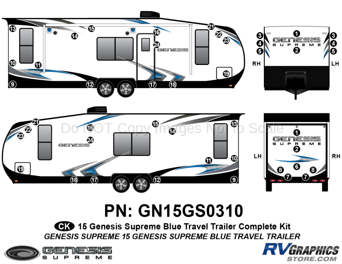 45 Piece 2015 Genesis Blue Travel Trailer Complete Graphics Kit