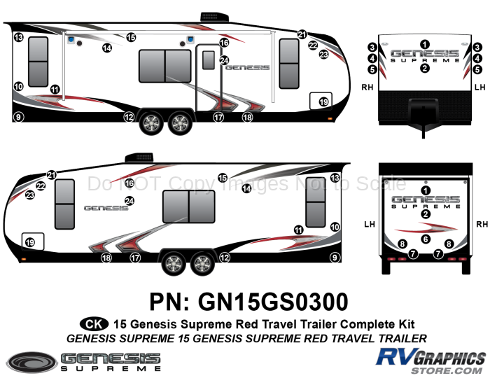 45 Piece 2015 Genesis Red Travel Trailer Complete Graphics Kit