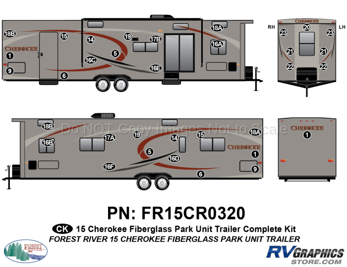 34 Piece 2015 Cherokee Park Model Fiberglass Complete Graphics Kit