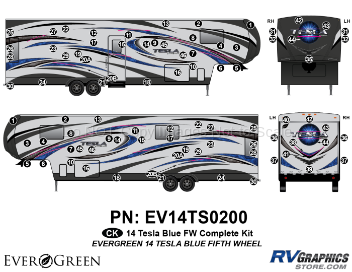 82 Piece 2014 Evergreen Tesla FW Blue Complete Graphics Kit