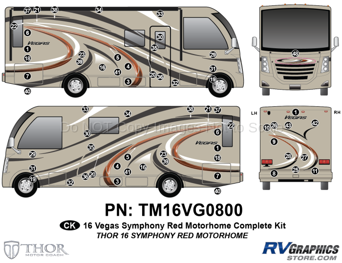 64 Piece 2016 Thor Motorcoach Vegas MH RED Complete Graphics Kit