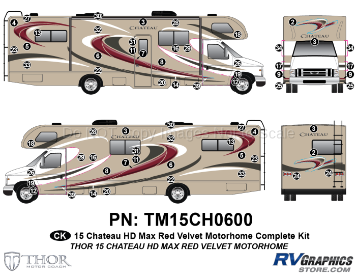 64 Piece 2015 Chateau HD Max Motorhome Red Velvet Complete Graphics Kit
