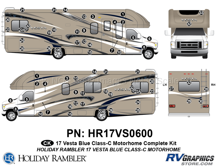 65 Piece 2017 Vesta Motorhome Complete Graphics Kit Blue Version