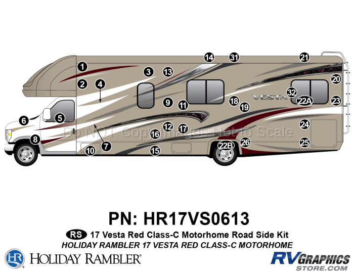 29 Piece 2017 Vesta Motorhome Roadside Graphics Kit Red Version