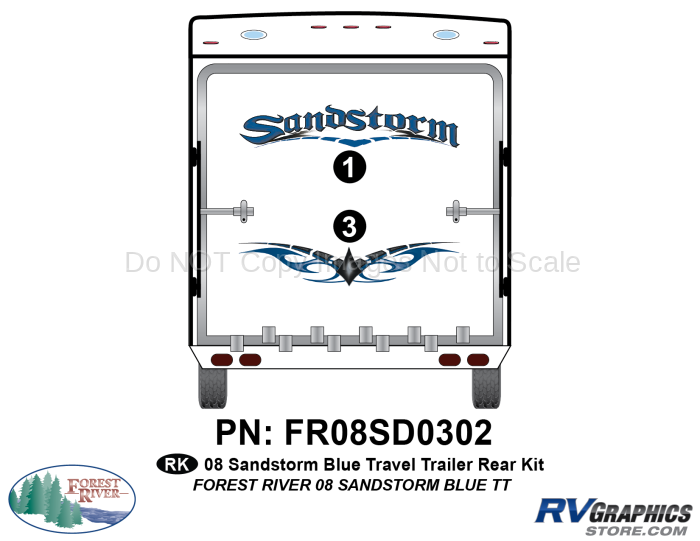 2 Piece 2008 Sandstorm Travel Trailer Blue Rear Graphics Kit