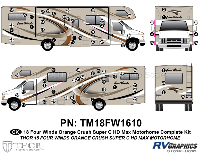 72 Piece 2018 Four Winds MH Orange on Tan Body Complete Graphics Kit