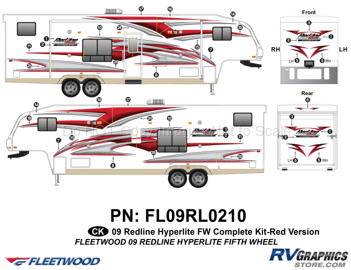 41 Piece 2009 Redline Fifth Wheel Red Complete Graphics Kit
