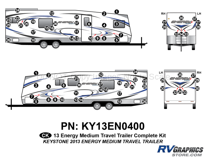 76 Piece 2013 Energy Medium Travel Trailer Toyhauler Complete Graphics Kit