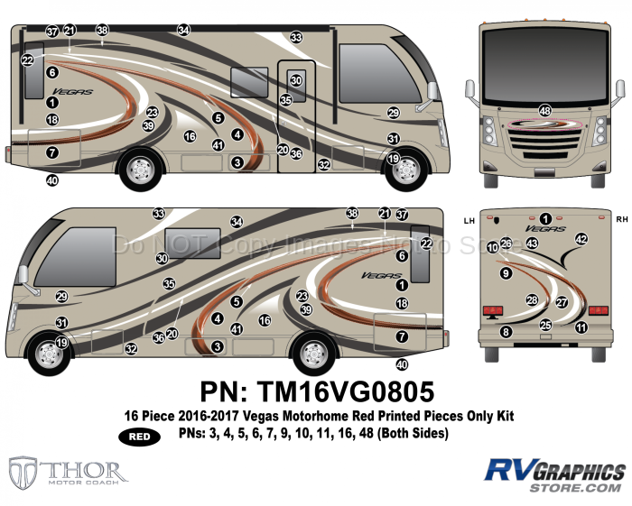 16 Piece 2016 Thor Motorcoach Vegas MH RED ONLY Graphics Kit