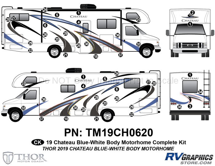 46 Piece Chateau Blue on Whitebody Motorhome Complete Graphics Kit