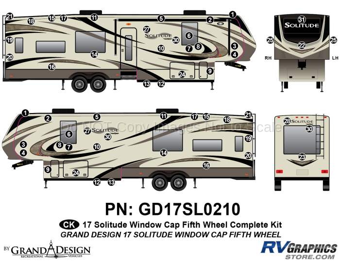 56 Piece 2017 Solitude Fifth Wheel Front Window Complete Graphics Kit