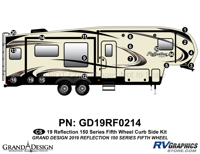 19 Piece 2019 Reflection 150 Series Fifth Wheel Curbside Graphics Kit