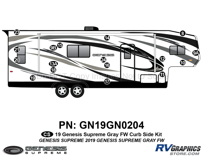 17 Piece 2019 Genesis Fifth Wheel GRAY Curbside Graphics Kit