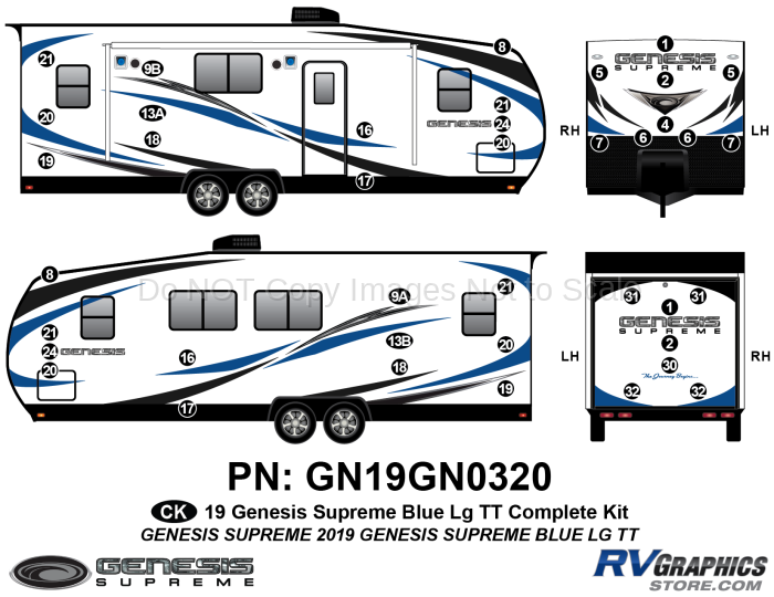 40 Piece 2019 Genesis Lg Travel Trailer BLUE Complete Graphics Kit