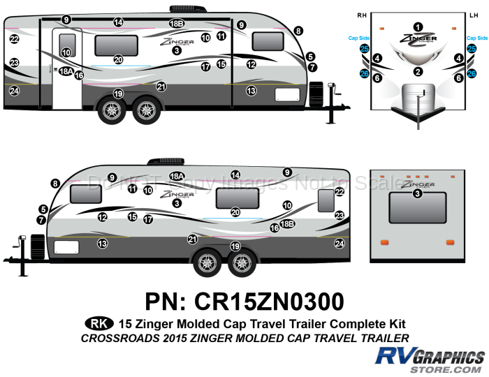 57 Piece 2015 Zinger Molded Cap Travel Trailer Complete Graphics Kit