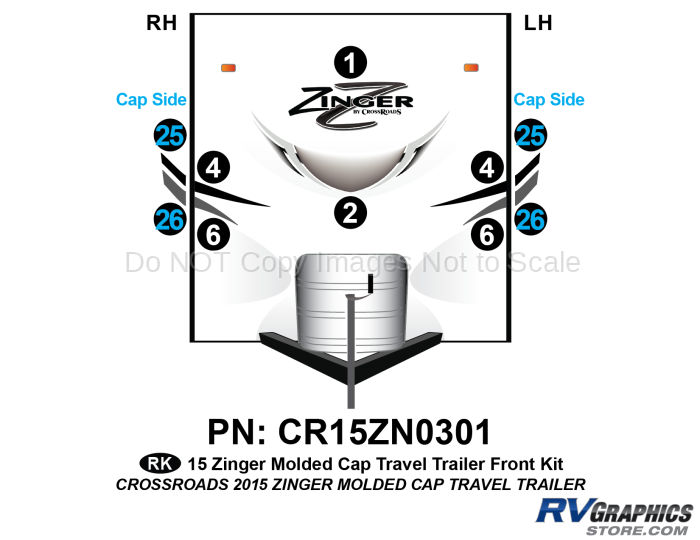 10 Piece 2015 Zinger Molded Cap Travel Trailer Front Graphics Kit