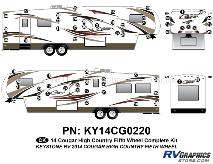 61 Piece 2014 Cougar High Country Fifth Wheel Complete Graphics Kit