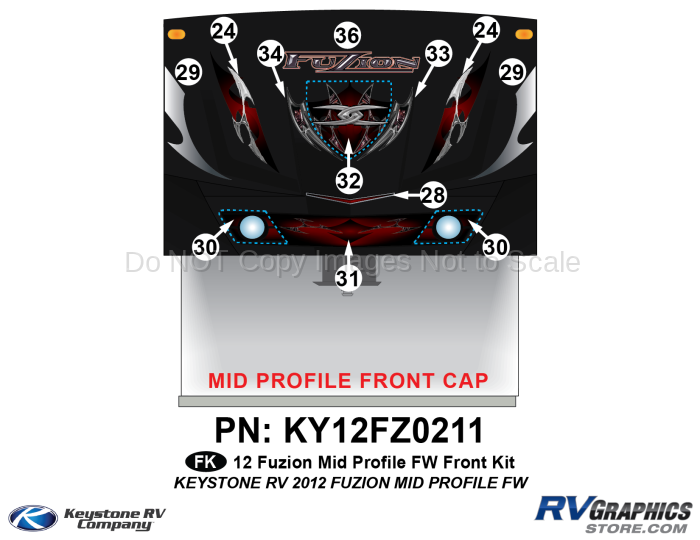 12 Piece 2012 Fuzion Fifth Wheel Mid Profile Cap FRONT Graphics Kit