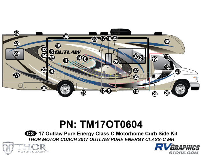 36 Piece 2017 Outlaw Motorhome Blue Version Curbside Graphics Kit