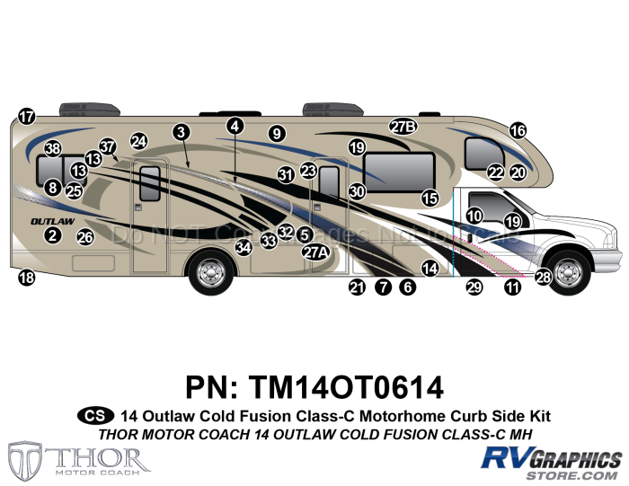 36 Piece 2014 Outlaw Motorhome Blue Curbside Graphics Kit