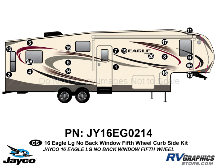 19 Piece 2016 Eagle Fifth Wheel No Rear Window Curbside Graphics Kit