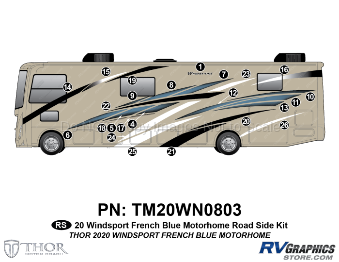 24 Piece 2020 Windsport Motorhome French Blue Roadside Graphics Kit