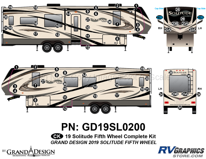 63 Piece 2019 Solitude Fifth Wheel Complete Graphics Kit