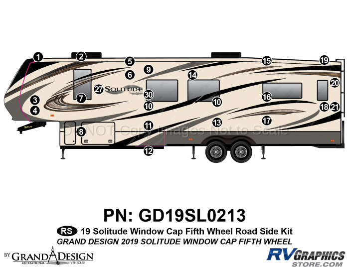 24 Piece 2019 Solitude Front Window Fifth Wheel Roadside Graphics Kit