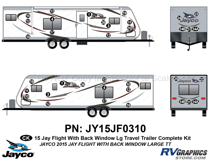 36 Piece 2015 JayFlight Rear Window-Lg Travel Trailer Complete Graphics Kit