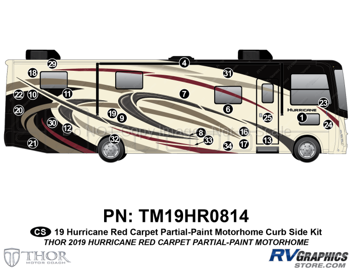 23 Piece 2019 Hurricane Motorhome Partial Paint Curbside Graphics Kit-Red Version