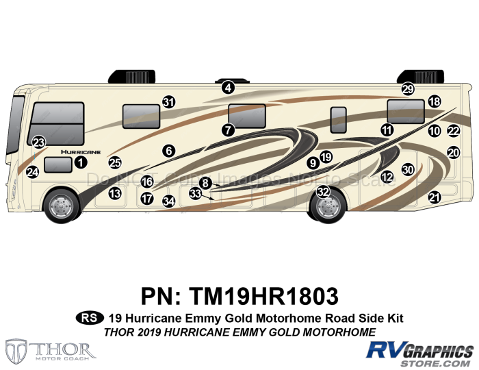 26 Piece 2019 Hurricane Motorhome Roadside Graphics Kit-Gold Version