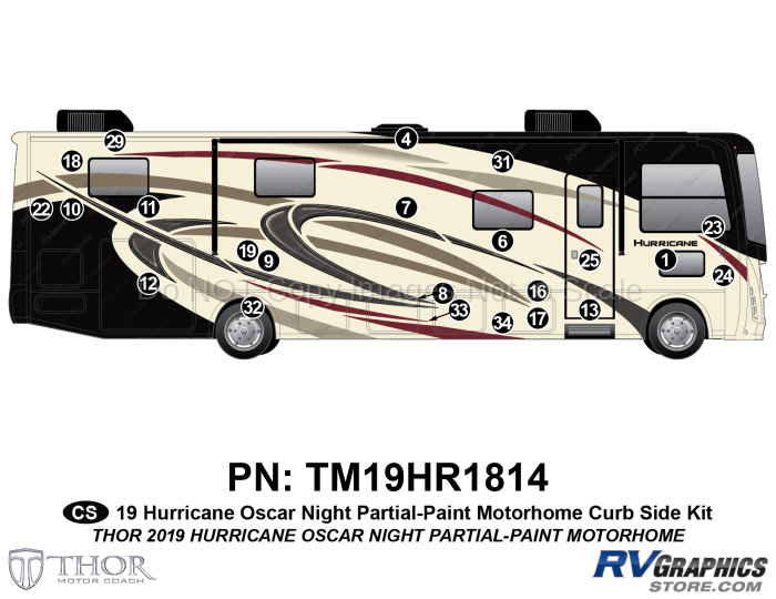 23 Piece 2019 Hurricane Motorhome Partial Paint Curbside Graphics Kit-Gold Version