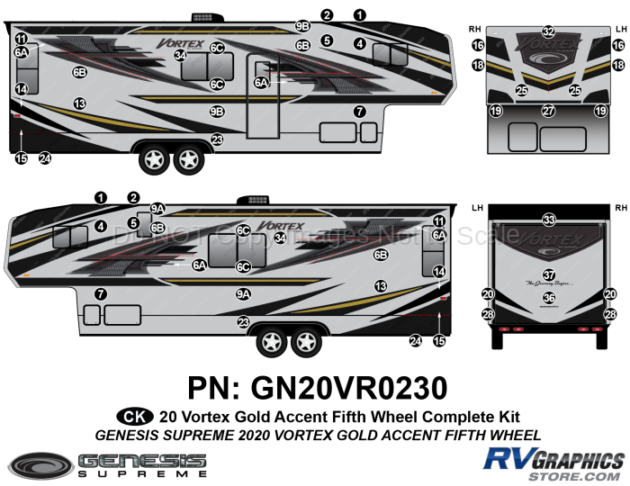 57 Piece 2020 Vortex Fifth Wheel Complete Graphics Kit-GOLD Combination