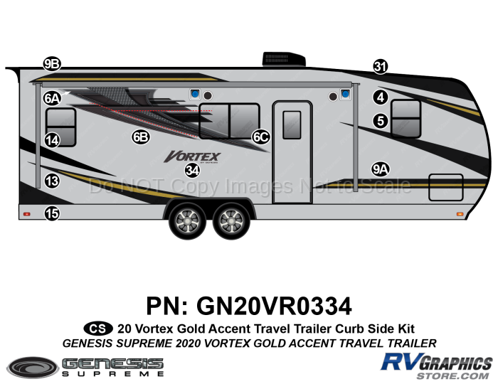 12 Piece 2020 Vortex Travel Trailer Curbside Graphics Kit-GOLD Combination