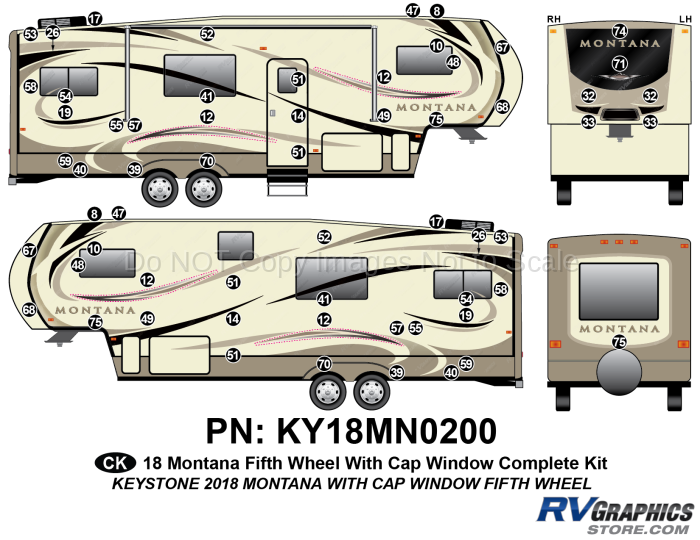 61 Piece 2018 Montana Fifth Wheel WITH Front Cap Window Complete Graphics Kit