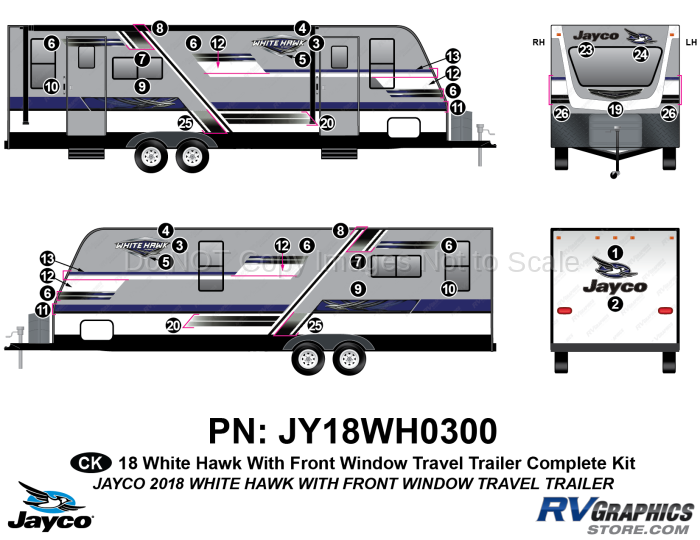 39 Piece 2018 White Hawk Travel Trailer Front Window Complete Graphics Kit