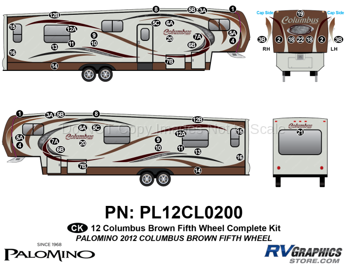 51 Piece 2012 Columbus Fifth Wheel Complete Graphics Kit-Brown Version