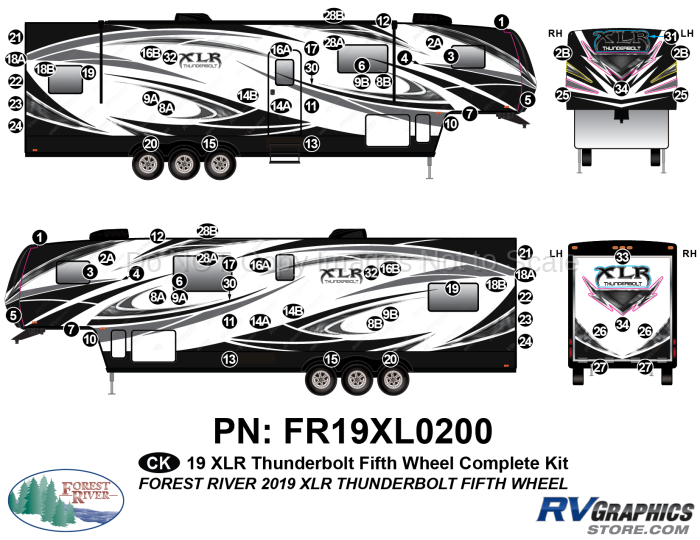 78 Piece 2019 XLR Thunderbolt Fifth Wheel Complete Graphics Kit